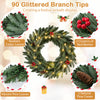 24” pre-lit Christmas wreath with 90 glittered branch tips, red berries, and natural pine cones for festive decor.