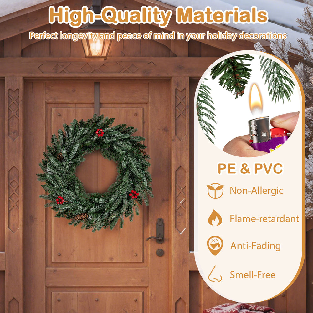 24” pre-lit Christmas wreath with 90 glittered branch tips, made of PE and PVC, perfect for festive door decorations.