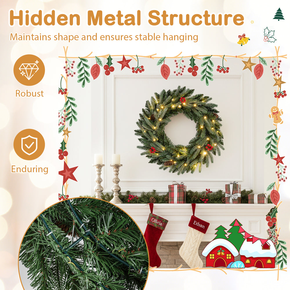 24” pre-lit Christmas wreath with 90 frosted branch tips, red berries, and warm white LED lights for festive decor.