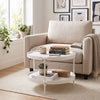 Round white coffee table with metal legs, featuring a waterproof surface and extra storage space for compact living areas.