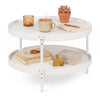 Round white coffee table with plastic top and metal legs, featuring an open shelf for extra storage in compact spaces.