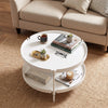 Round 24" white coffee table with plastic top and metal legs, featuring an open shelf for extra storage in small spaces.