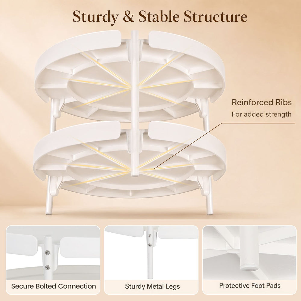 24" round white coffee table features a plastic tabletop, sturdy metal legs, and reinforced ribs for added strength.