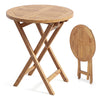 24" round solid teak outdoor folding bistro table with ergonomic footrests, ideal for small spaces and easy storage.