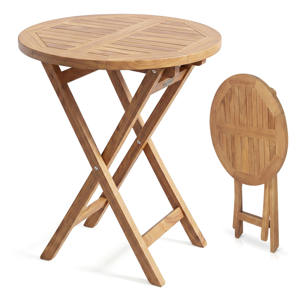 24" round solid teak outdoor folding bistro table with ergonomic footrests, ideal for small spaces and easy storage.