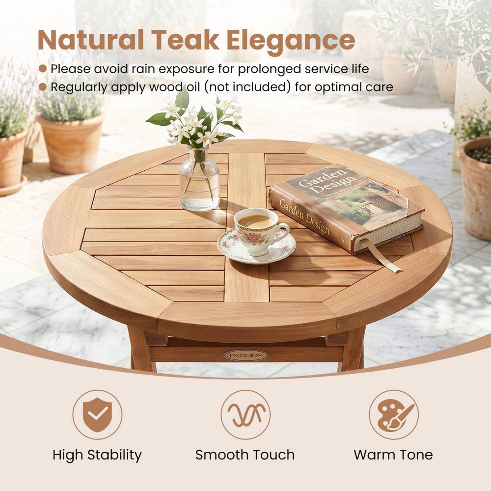 24" round solid teak outdoor folding bistro table with footrest, featuring a smooth touch and warm tone, ideal for.