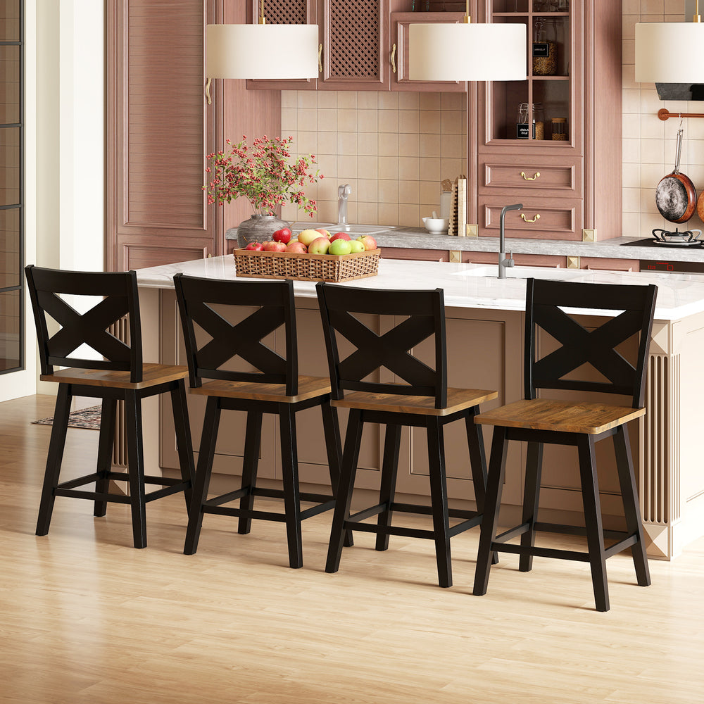 24" Rubberwood Swivel Barstools Set of 4 with Backrest and Large Seat-Black - Gallery View 1 of 7
