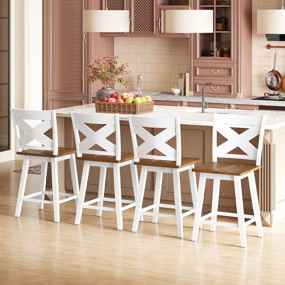 24" Rubberwood Swivel Barstools Set of 4 with Backrest and Large Seat-White - Gallery View 1 of 7