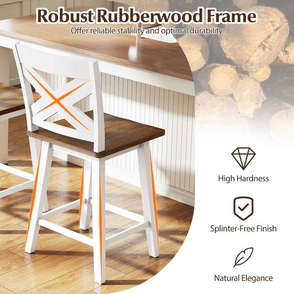 24" rubberwood swivel barstool with backrest and large seat, featuring a robust frame for kitchen islands and dining.