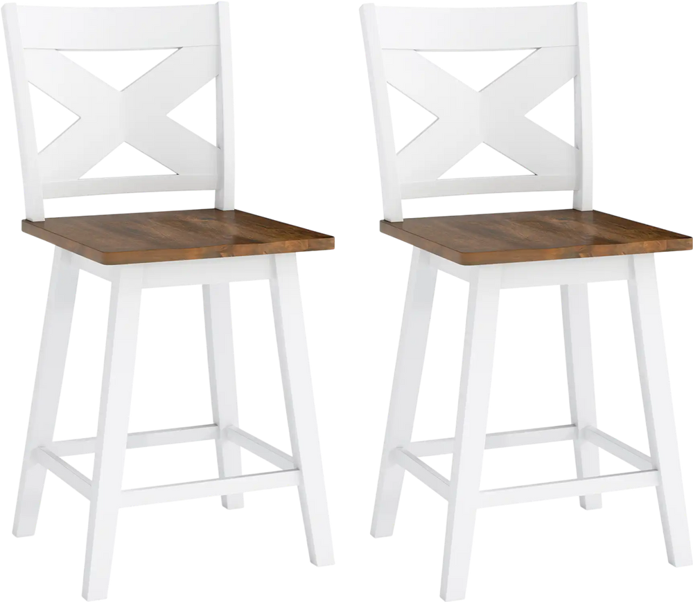 Set of 2 white rubberwood swivel barstools with backrest and large seat, ideal for kitchen islands and dining rooms.
