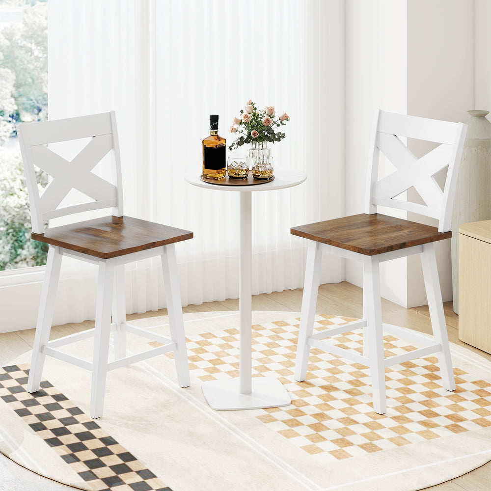 White rubberwood swivel barstools set of 2 with backrest, featuring large seats, perfect for kitchen islands or dining.