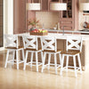 Set of four 24" white rubberwood swivel barstools with backrest, ideal for kitchen islands and dining rooms.