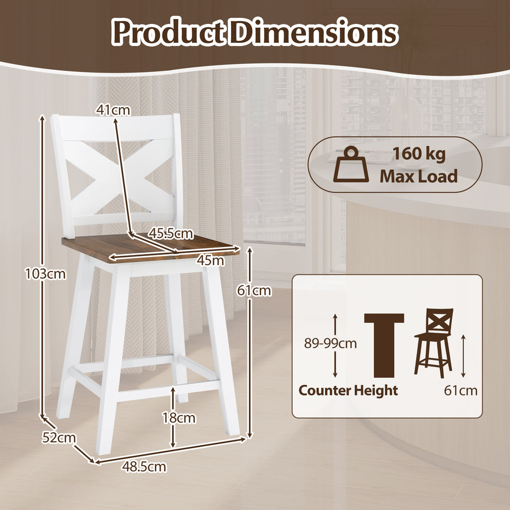 Dimensions of 24" rubberwood swivel barstools with backrest, ideal for kitchen islands and dining rooms.