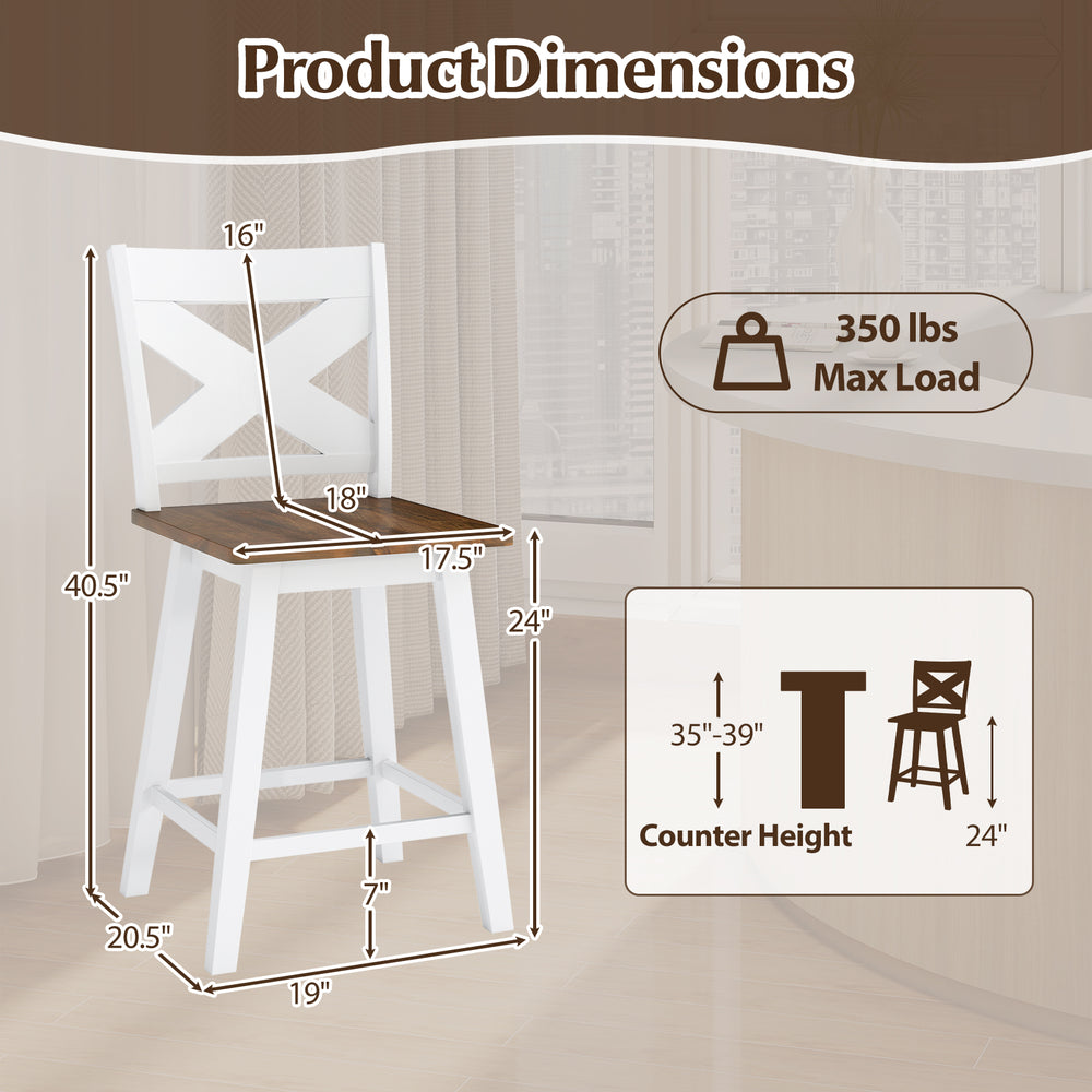24" rubberwood swivel barstool with backrest, featuring a large seat and robust metal base for kitchen or dining use.