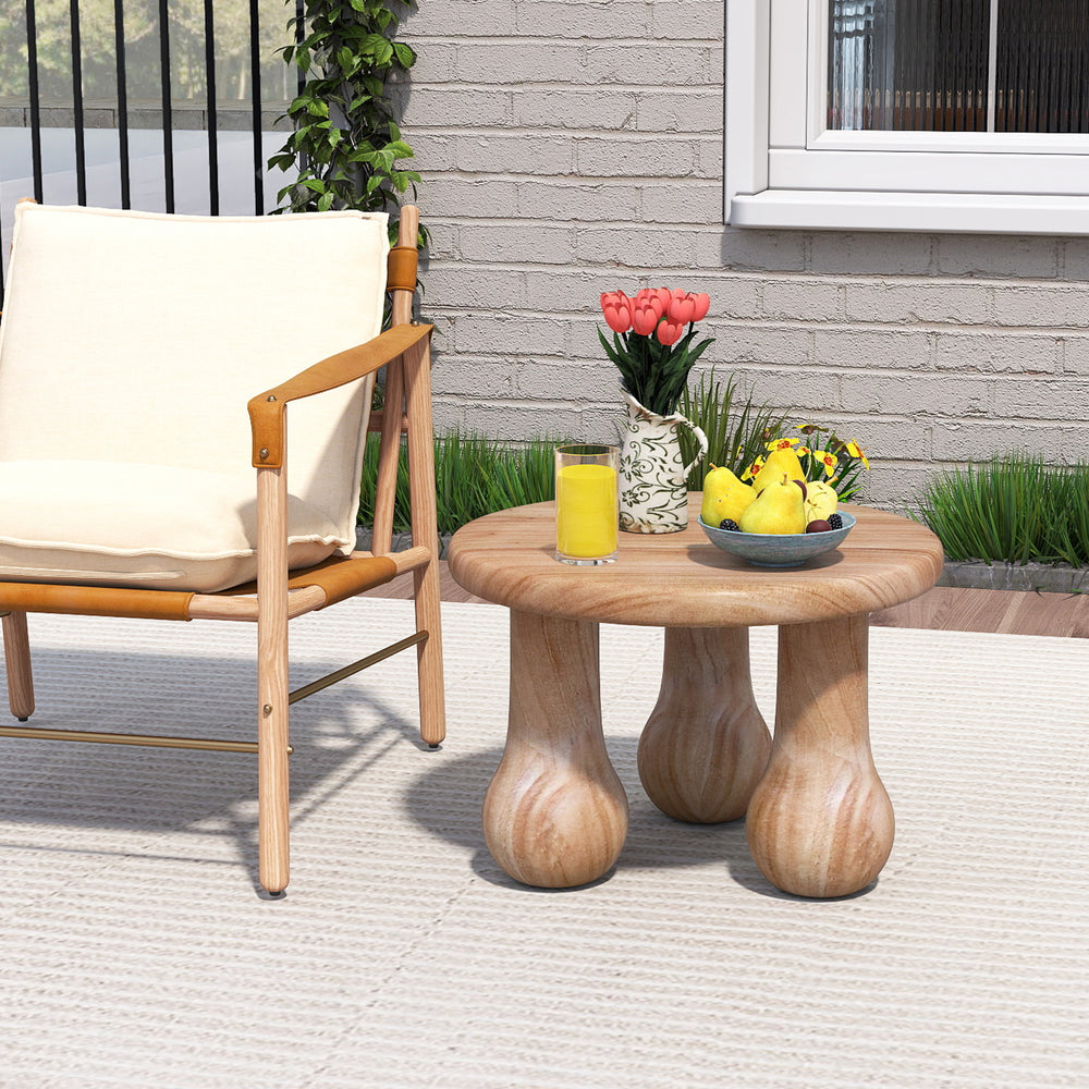 Small solid mahogany wood coffee table with thickened top and column legs, ideal for patio use and easy maintenance.