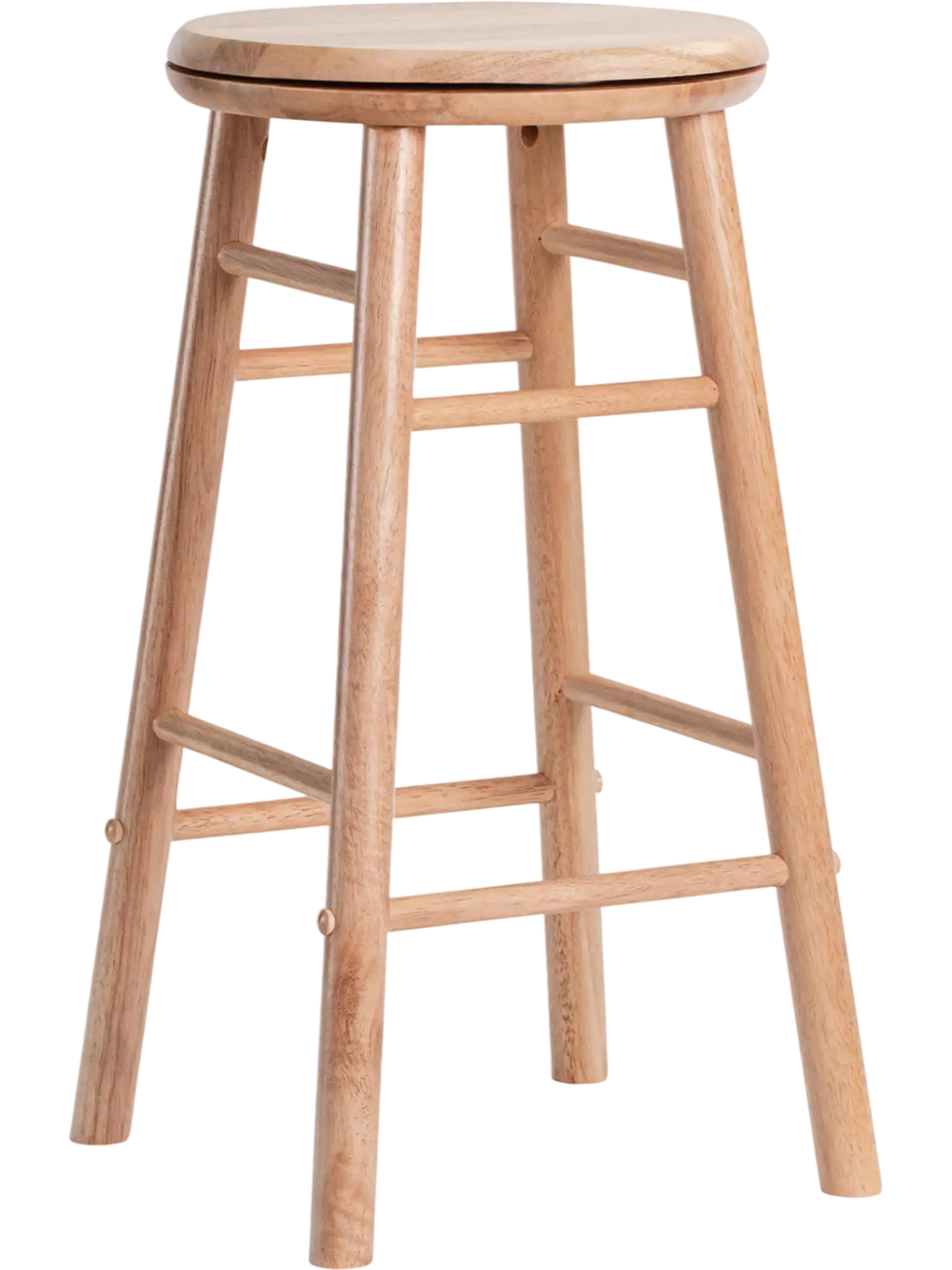 Natural rubber wood 24" swivel bar stool with footrest and crossbars, ideal for dining room or balcony use.