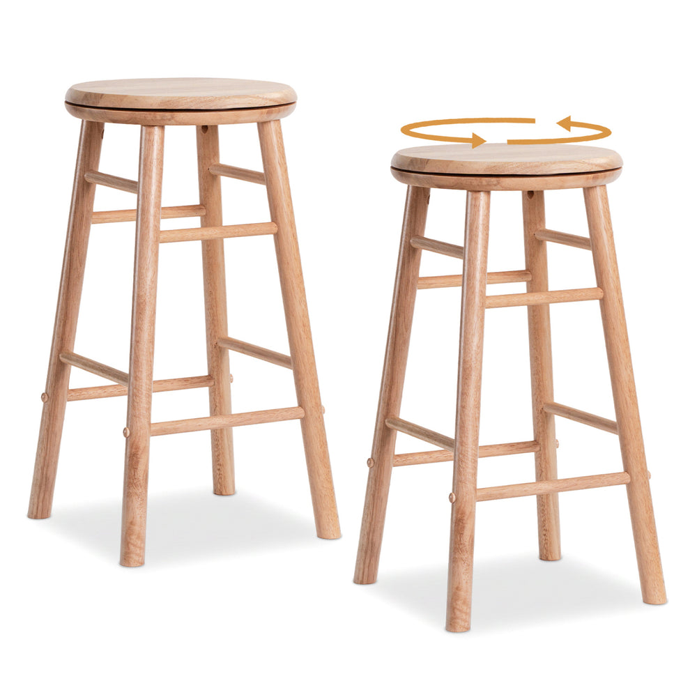 Set of 2 natural rubber wood 24" swivel bar stools with footrests, ideal for dining rooms or balconies.