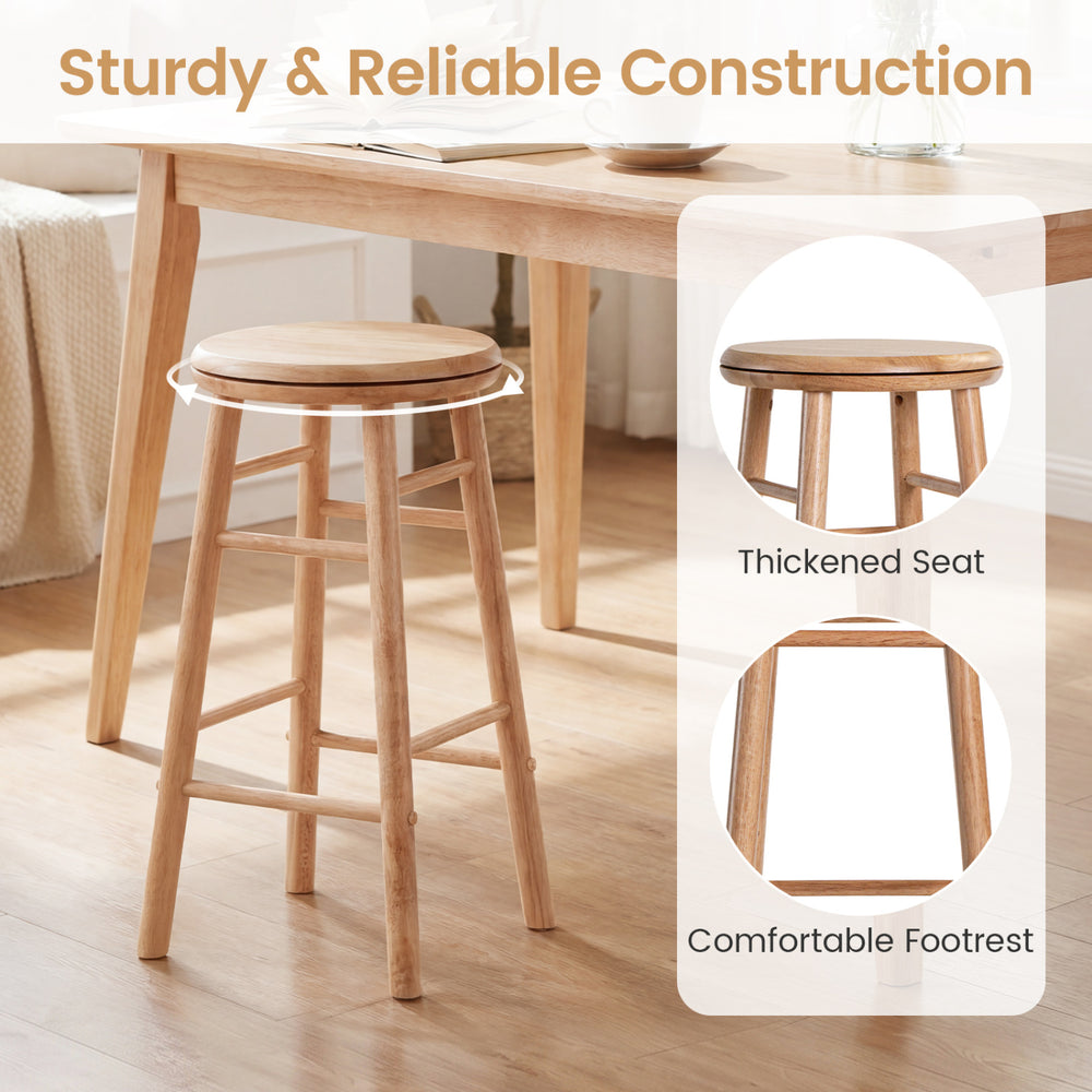 Natural 24" swivel bar stool with thickened seat and footrest, ideal for dining room or living room use.