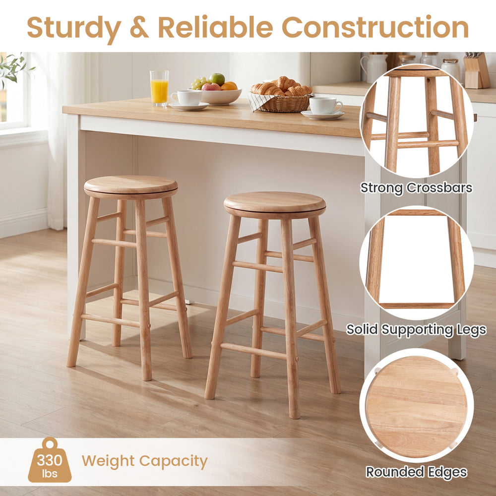 Set of 2 natural 24" swivel bar stools with footrests, featuring sturdy rubber wood construction for dining or living.