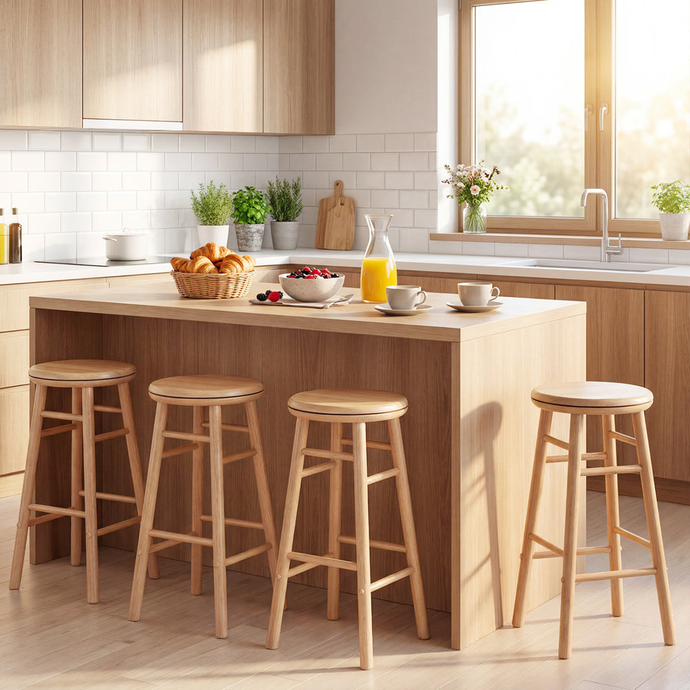 Natural wood 24" swivel bar stools set of 2 with footrests, perfect for dining or living room use.