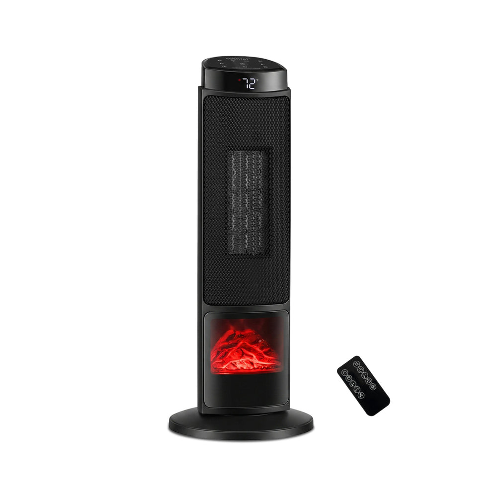 Ceramic tower space heater with 7-color flame, 1500W power, and remote control for efficient heating in any season.