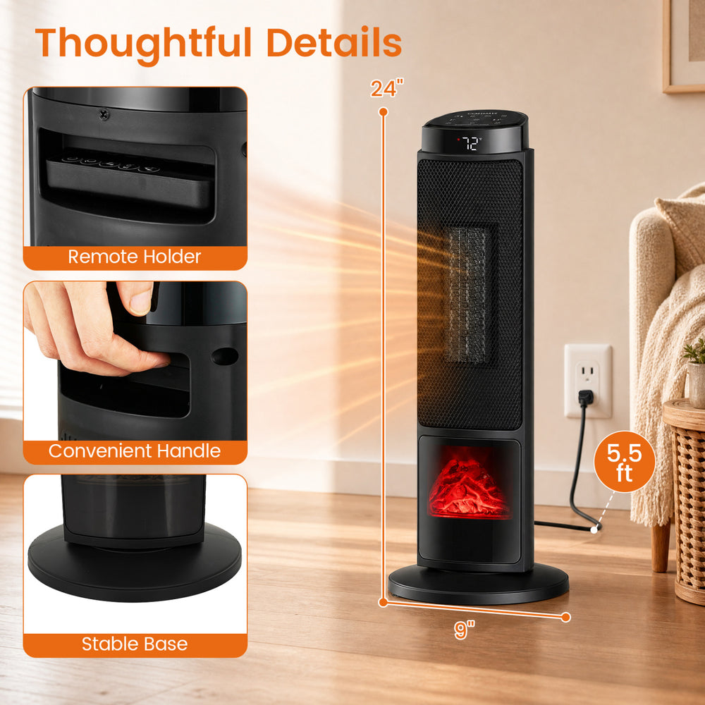 24-inch black ceramic tower space heater features a remote holder, convenient handle, and 7-color customizable flame effect.