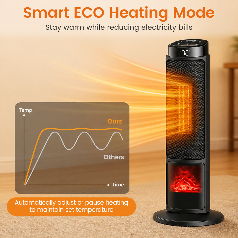 24-inch black ceramic tower space heater with smart ECO mode, 7 flame colors, and 70° oscillation for efficient warmth.
