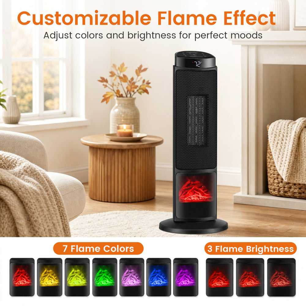 The 24-inch black ceramic tower space heater features a customizable flame effect with 7 colors and 3 brightness settings.