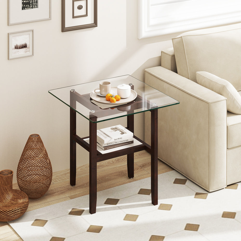 Square 24-inch brown coffee table with tempered glass top and open storage shelf, perfect for versatile home use.