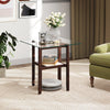 Square glass coffee table with brown rubber wood legs and open storage shelf, perfect for versatile home use.