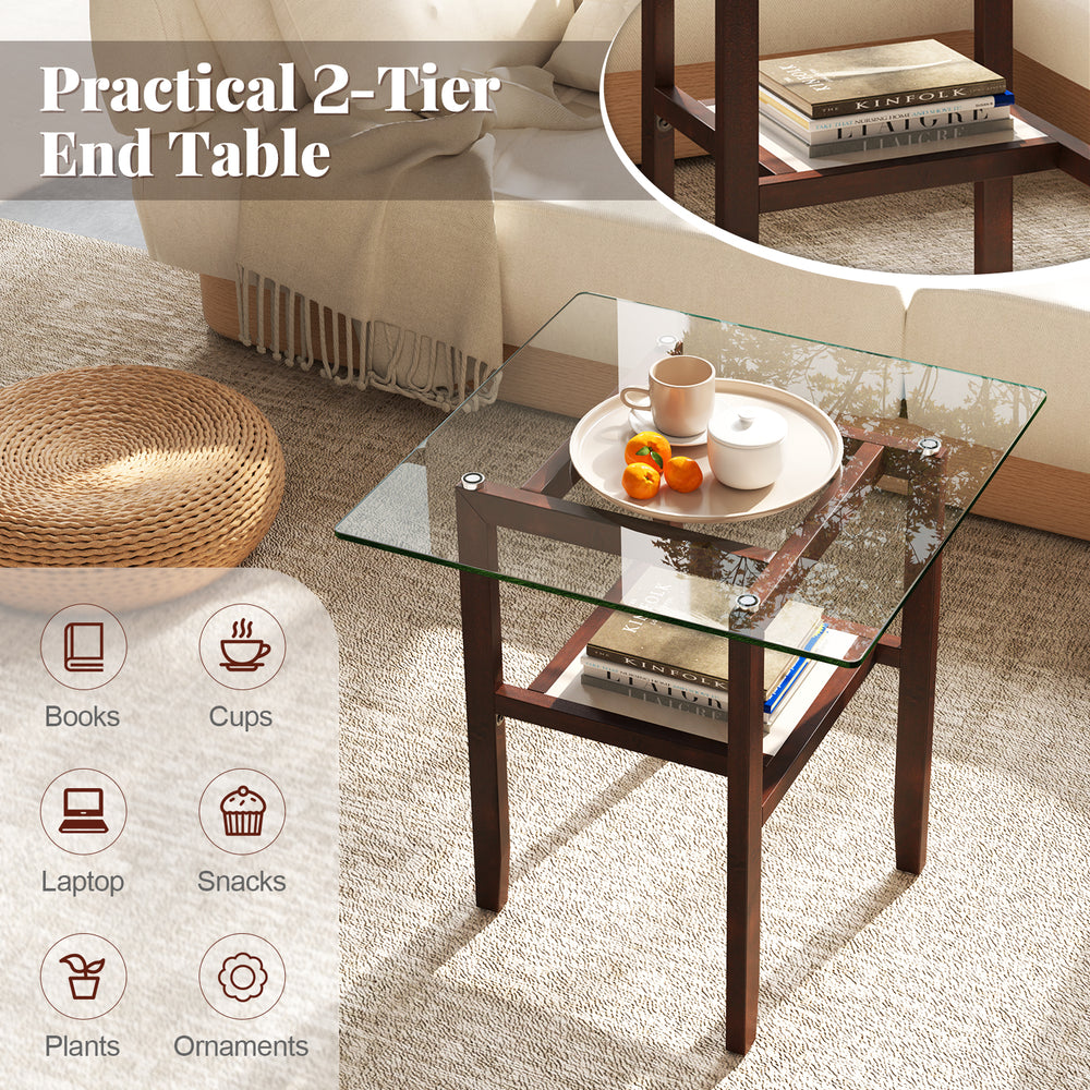 Square 24-inch glass coffee table with brown rubber wood legs and open shelf, perfect for books and snacks.