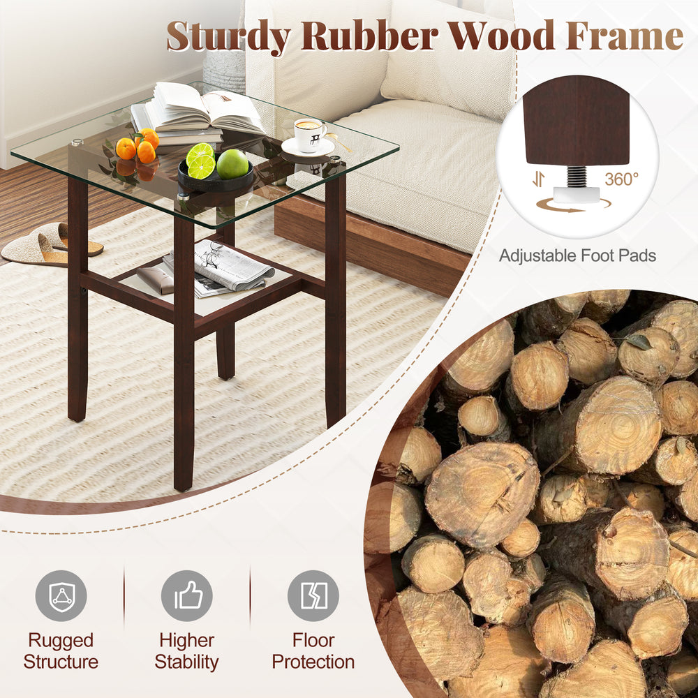 Square 24-inch brown coffee table with tempered glass top and rubber wood frame, featuring a storage shelf for.