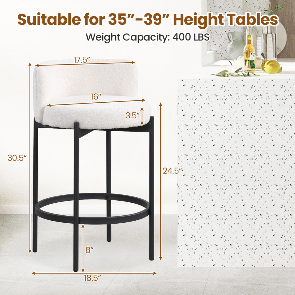 Curved backrest of 24-inch boucle counter stool set, featuring sherpa fabric and sturdy metal frame, ideal for kitchen.
