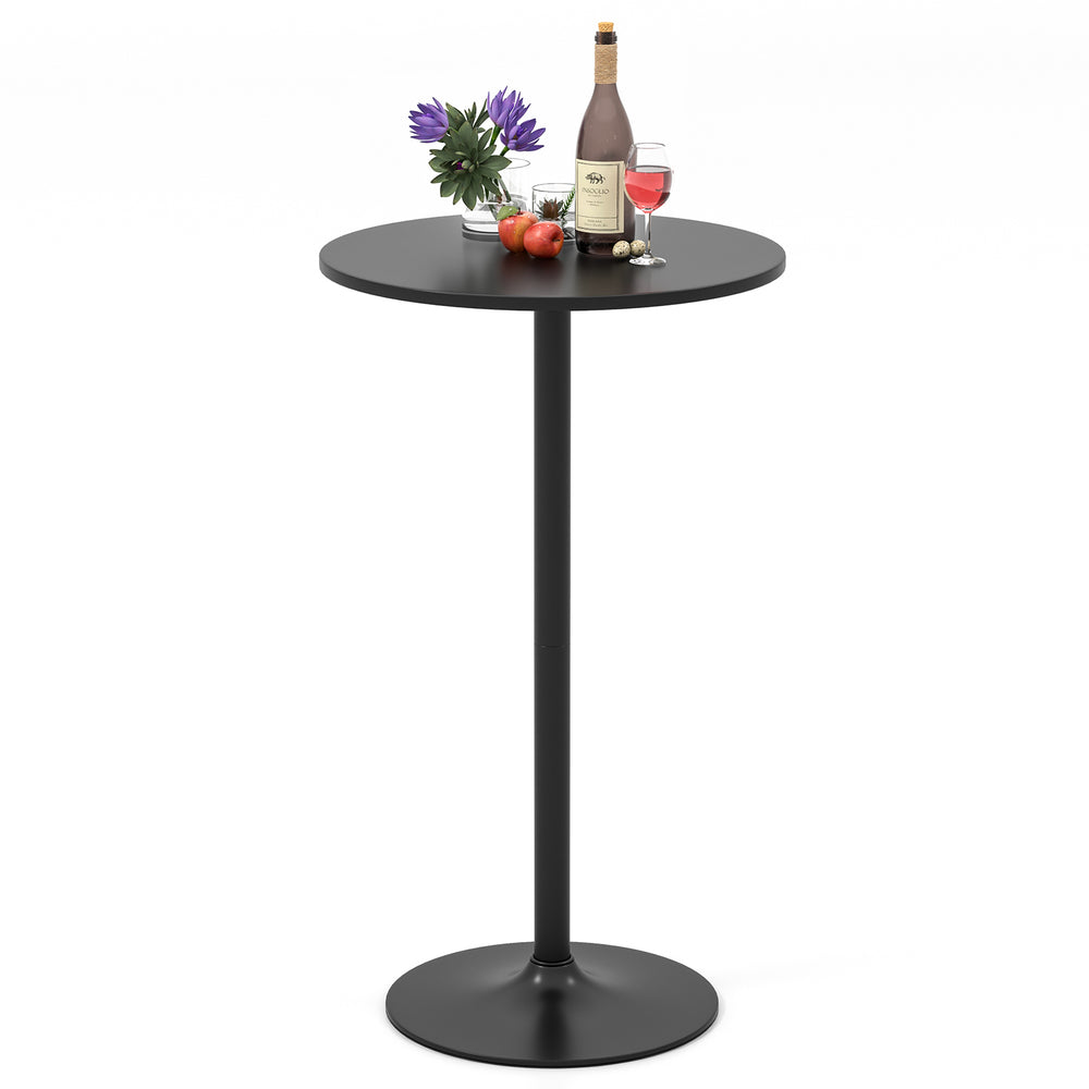Round cocktail table with a black metal base and MDF top, 40" height, suitable for weddings and home use.
