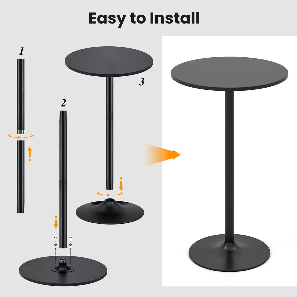 24-inch round cocktail table with black metal base and MDF top, easy to install, ideal for weddings and bars.