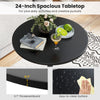 24-inch round cocktail table with black MDF top and metal base, featuring an elegant obsidian pattern for versatile use.
