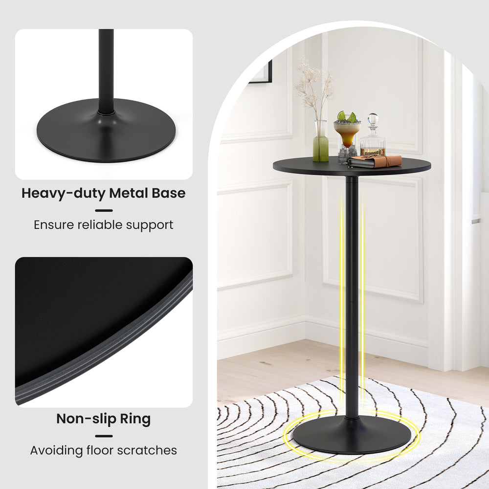Modern 24-inch round cocktail table with black metal base and MDF top, featuring anti-slip ring for stability and.