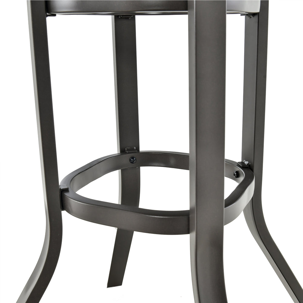 Close-up of the 24-inch patio bar height table's sturdy aluminum tabletop and adjustable foot pads for stability.