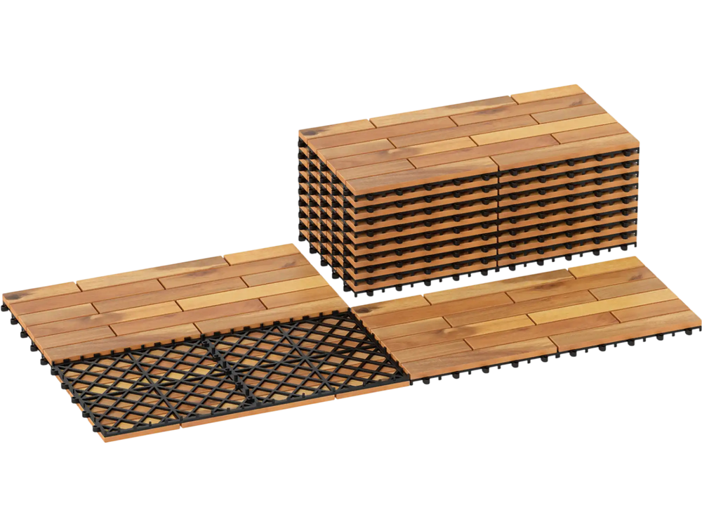 Acacia wood interlocking deck tiles in natural finish, 24 x 12 inches, ideal for outdoor patios and balconies.