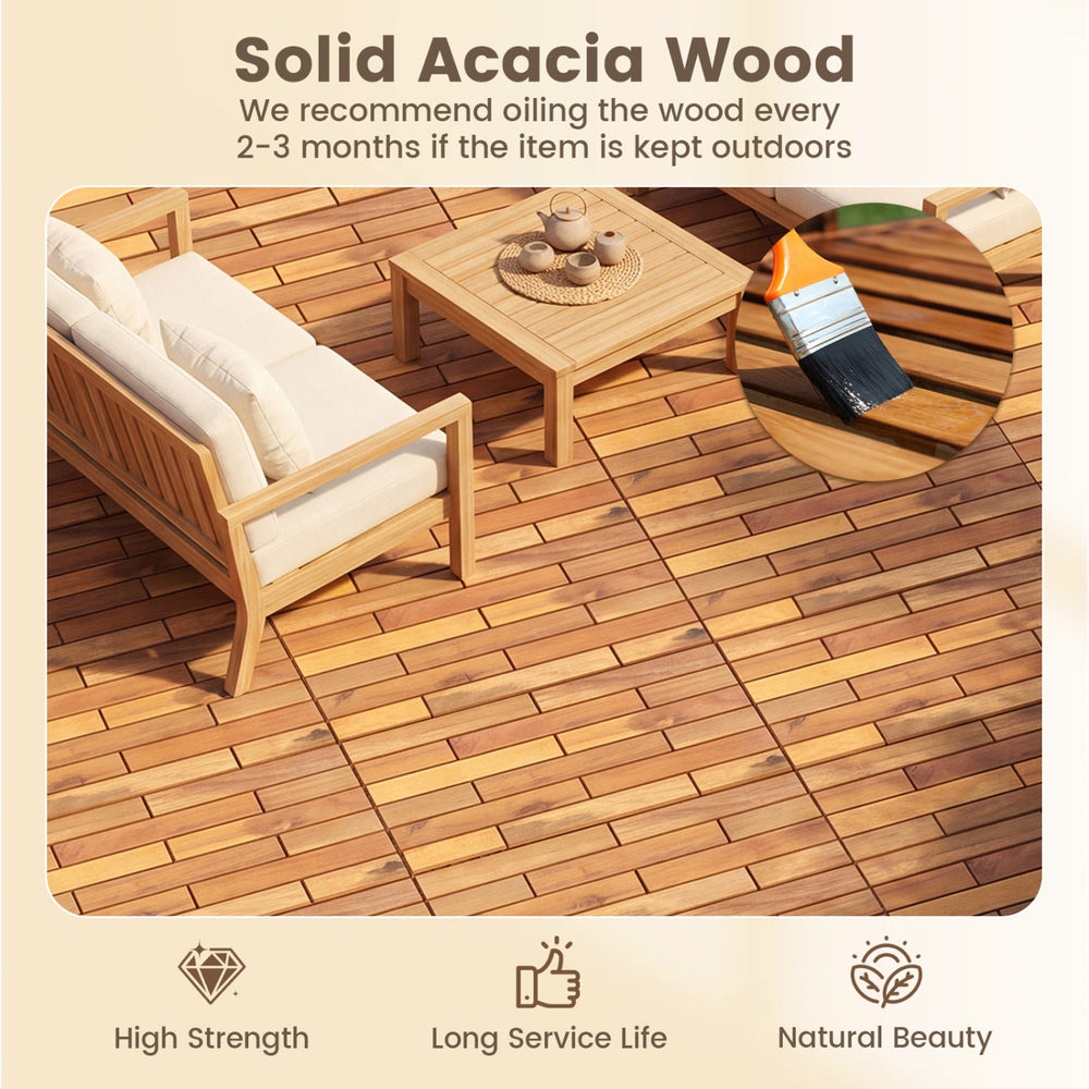 Acacia wood interlocking deck tiles in a natural finish, showcasing a waterproof design for outdoor use on patios and.