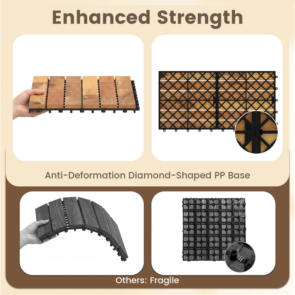 Acacia wood interlocking deck tiles with anti-deformation PP base, ideal for outdoor use on patios and balconies.