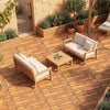 Acacia wood interlocking deck tiles arranged on a patio, showcasing a waterproof design for outdoor use.