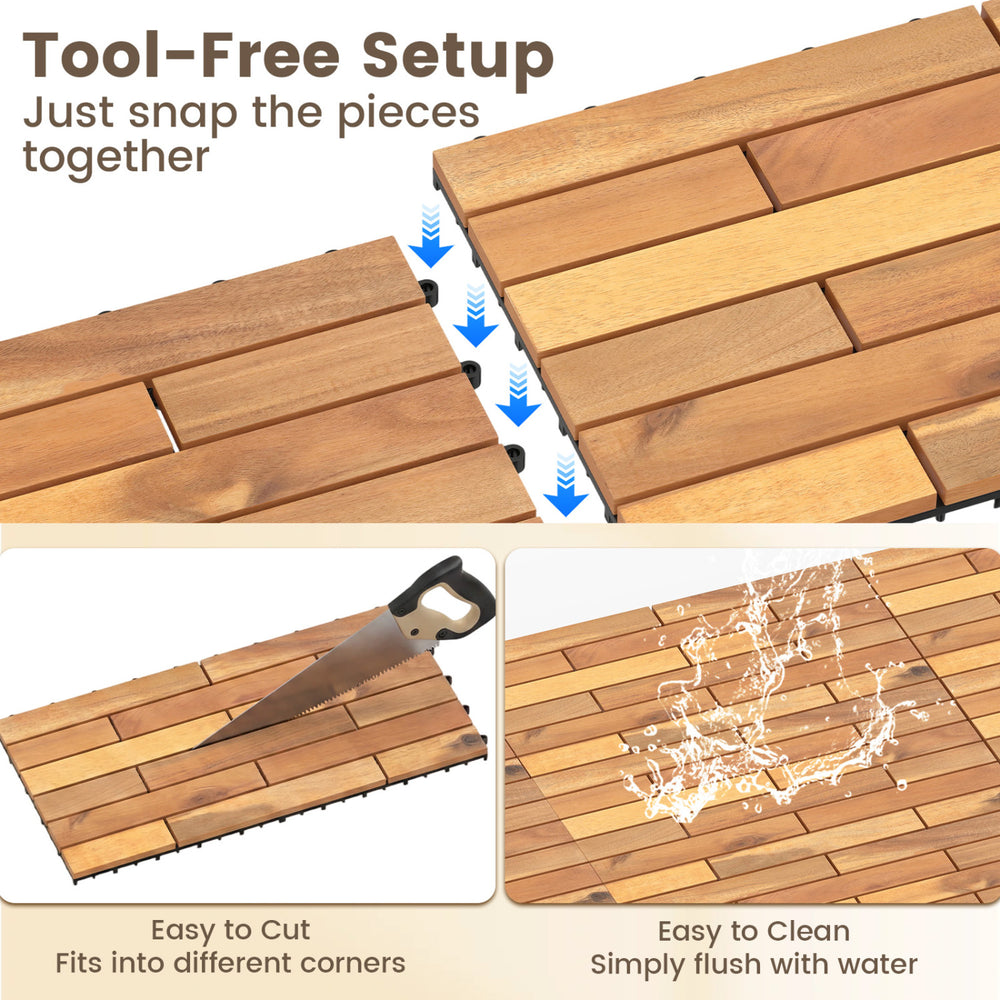 Acacia wood interlocking deck tiles, 24 x 12 inches, easy to cut and clean, perfect for outdoor patios and balconies.