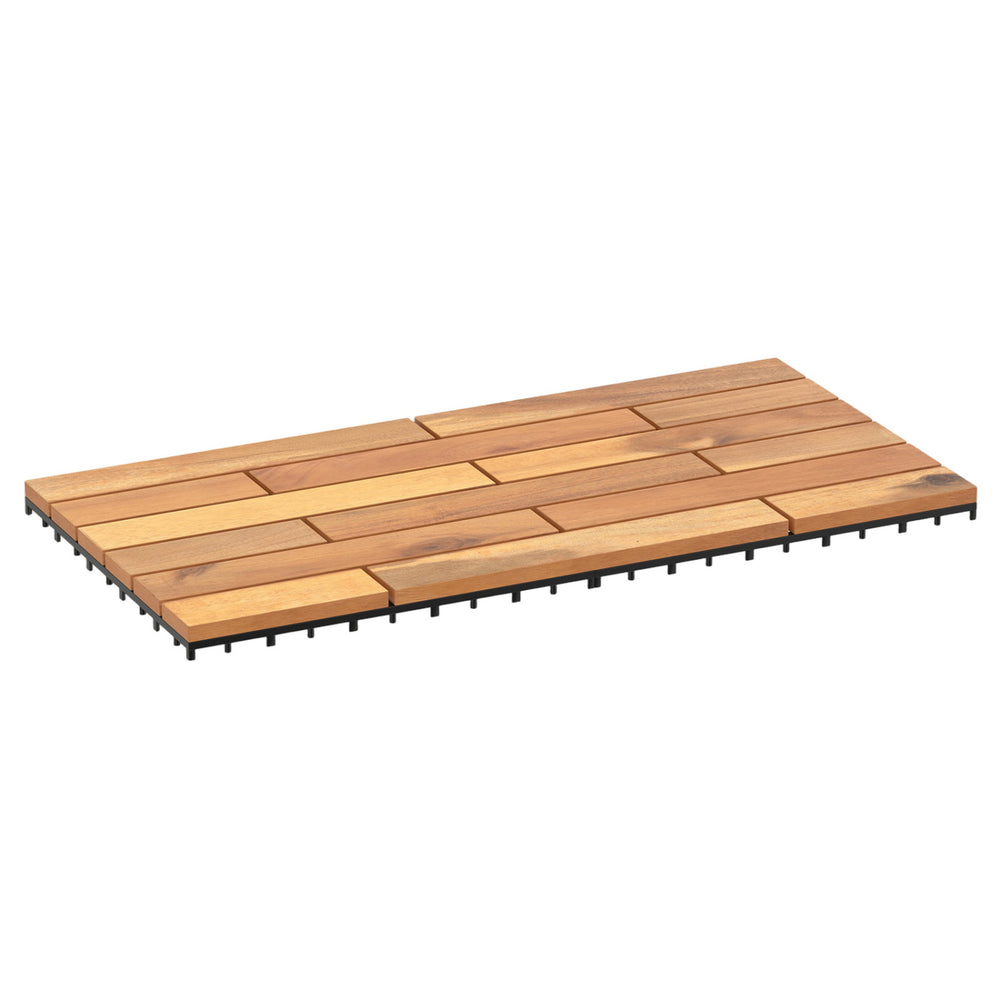 Acacia wood interlocking deck tiles, 24 x 12 inches, waterproof design for outdoor flooring or patio use.