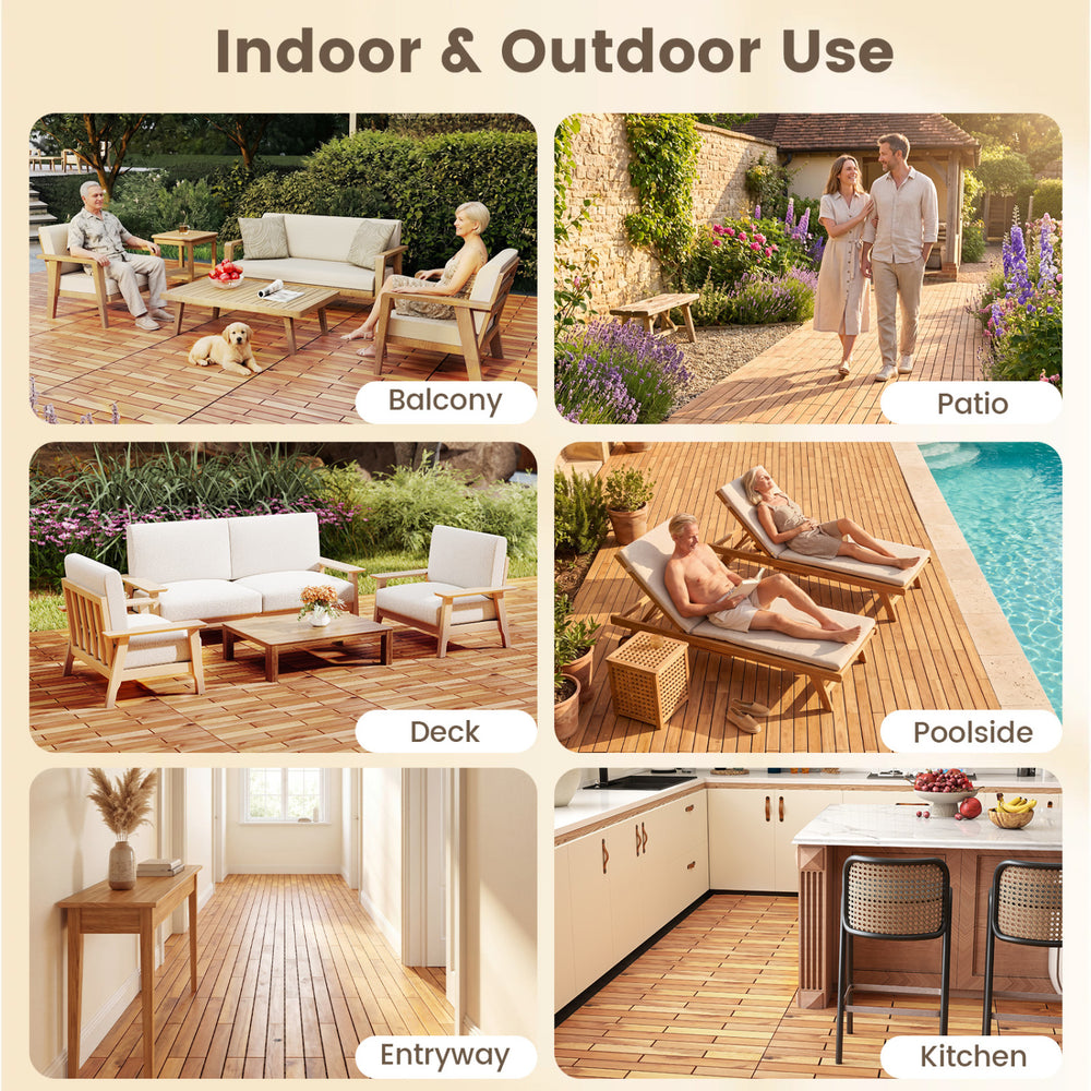 Acacia wood interlocking deck tiles, 24 x 12 inches, shown in various outdoor settings for versatile use.