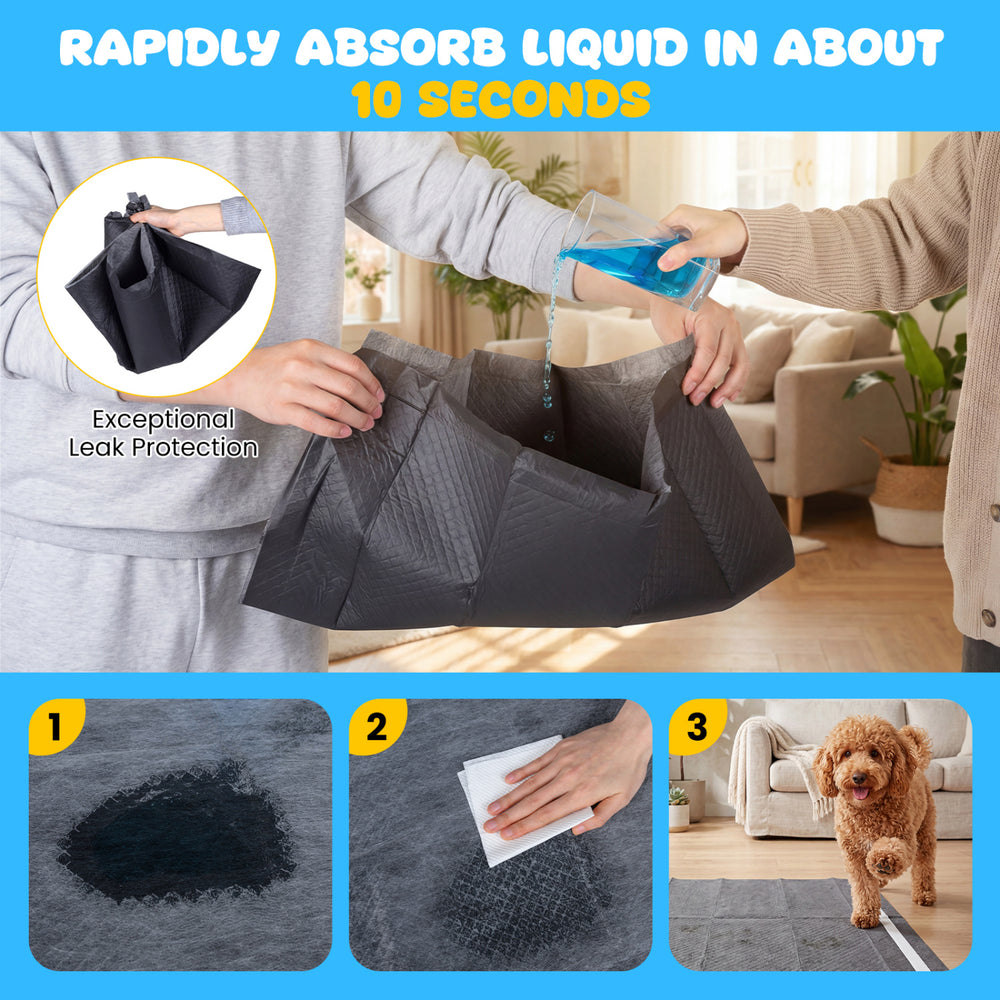 Charcoal dog pee pad with 6-layer construction for superior absorption and leak protection, ideal for small to large.