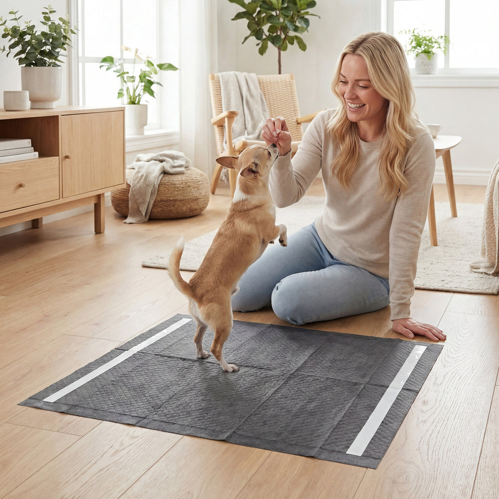 Charcoal dog pee pad with 6-layer construction, ideal for small to large dogs, providing leak-proof protection indoors.