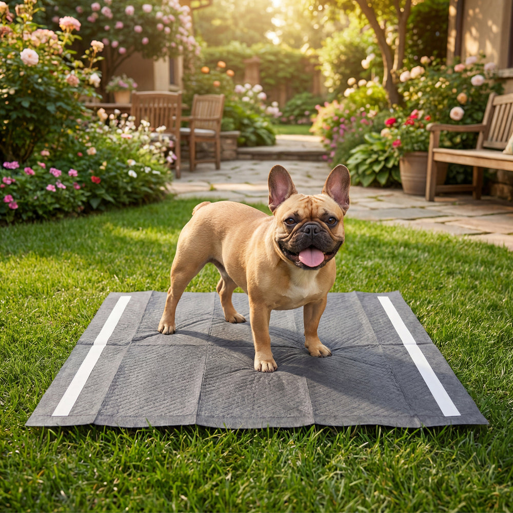 Charcoal dog pee pad with a 22" x 22" absorbent area, designed for effective leak prevention and easy portability.