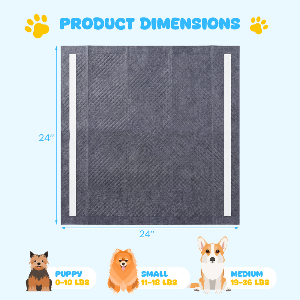 24" x 24" charcoal dog pee pads with 6-layer construction for effective leak prevention and quick drying.