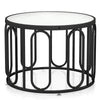Round coffee table with reeded tempered glass top and black oval swivel brackets, ideal for stylish living room storage.